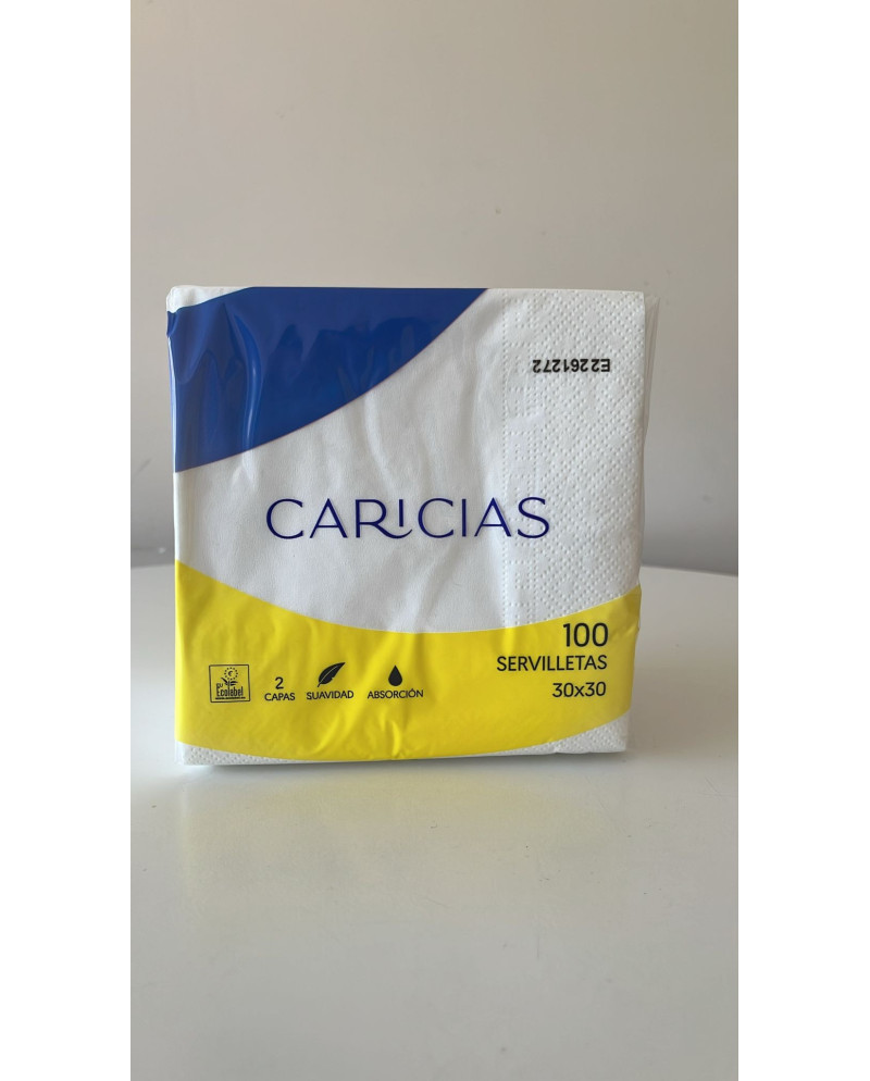 SERVILLETAS 30X30 2 CAPAS BLANCA  CARICIAS CAJA DE 32 PAQUETES DE 100 UNIDADES
